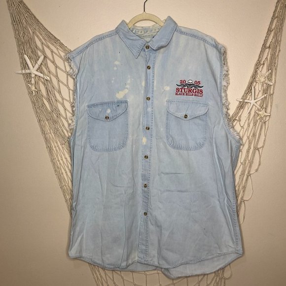 BIKER DESIGN - HARLEY DAVIDSON Sleeveless Button Denim Shirt 2005 Sturgis Rally
